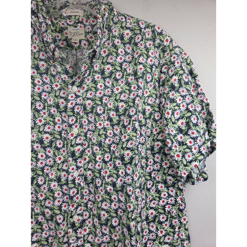 J.Crew Mens Classic Fit 100% Linen Short Sleeve Navy Daisy Floral Shirt Large